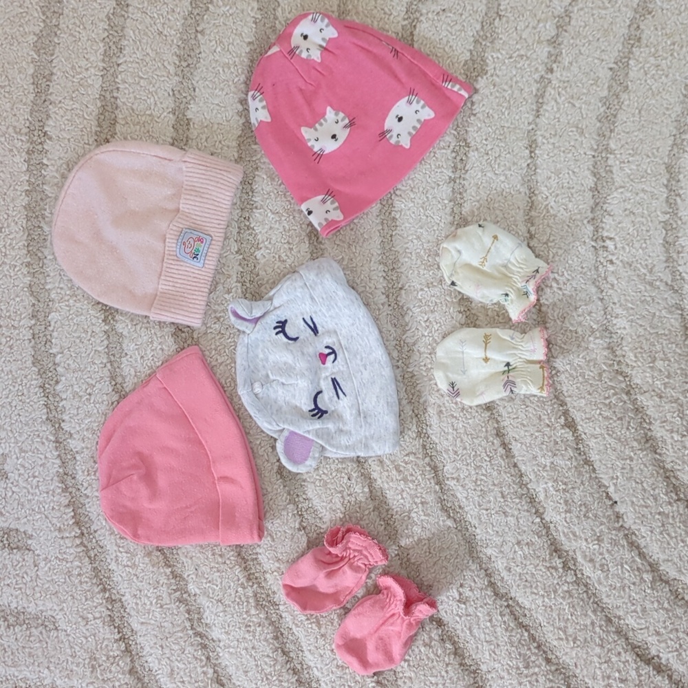 Bundle Of Adorable Pink and Gray Baby Beanie Hat And Mittens Set With Cats